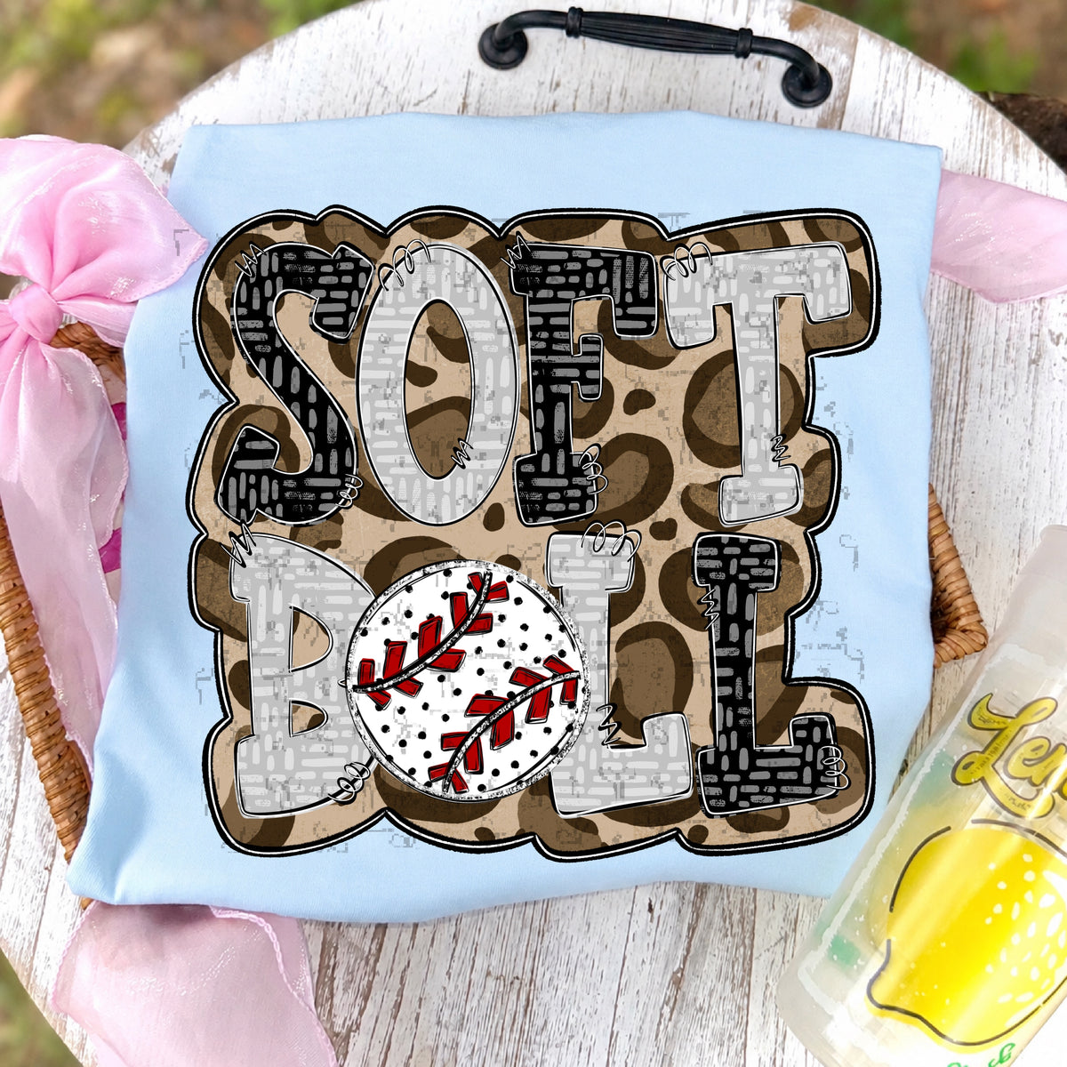 Softball Doodle Letters Polka Dot Cheetah Print-Black/Gray