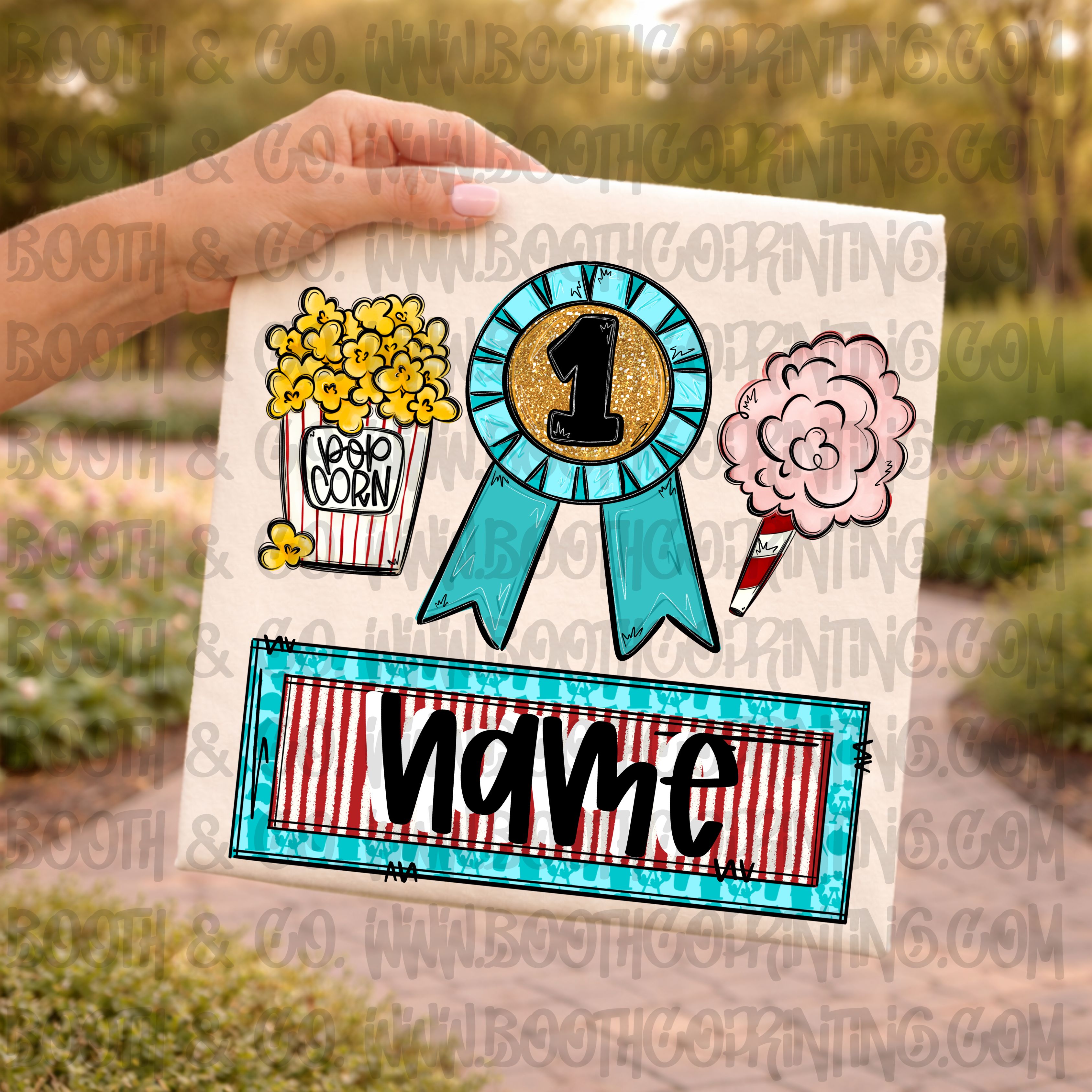 Fair trio popcorn, prize ribbon and cotton candy with name plate girl