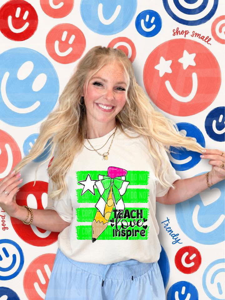 Teach Love Inspire Side Stripe Pencil Bow- Lime Green