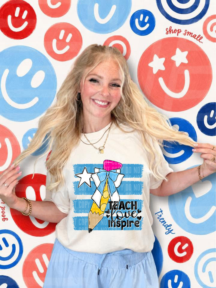 Teach Love Inspire Side Stripe Pencil Bow- Light Blue