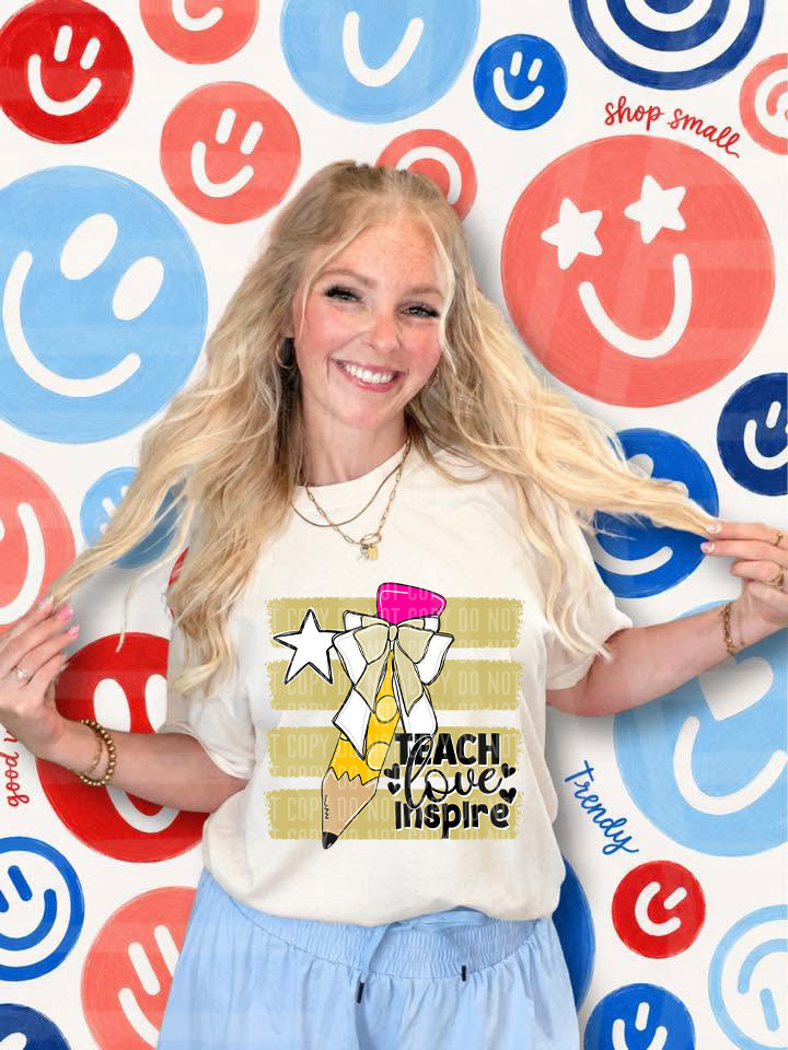 Teach Love Inspire Side Stripe Pencil Bow- Light Gold