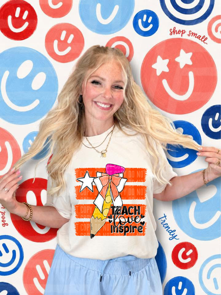 Teach Love Inspire Side Stripe Pencil Bow- Orange