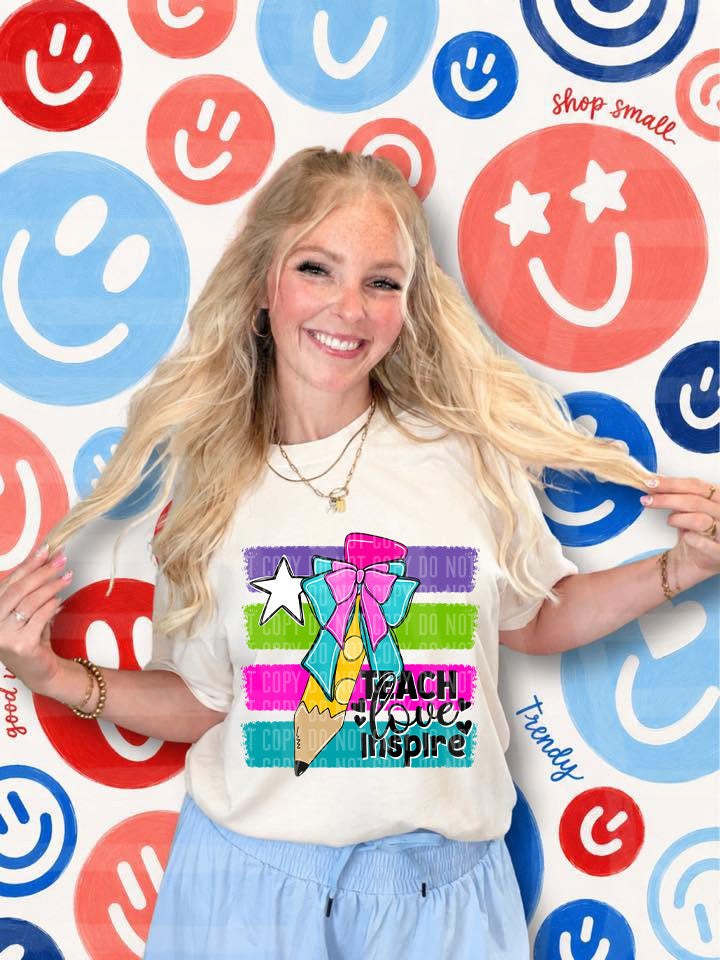 Teach Love Inspire Side Stripe Pencil Bow- Preppy