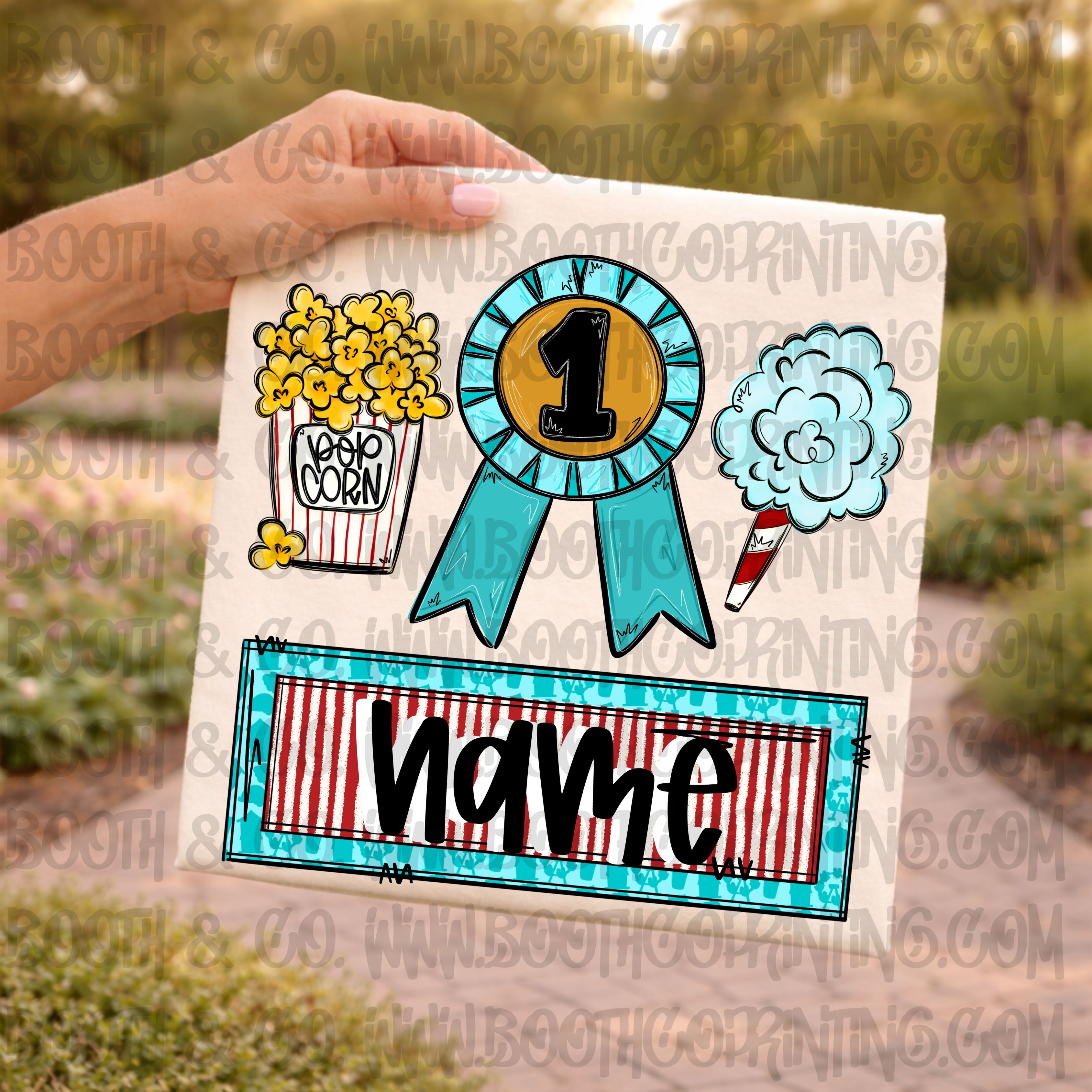 Fair trio popcorn, prize ribbon and cotton candy with name plate boy