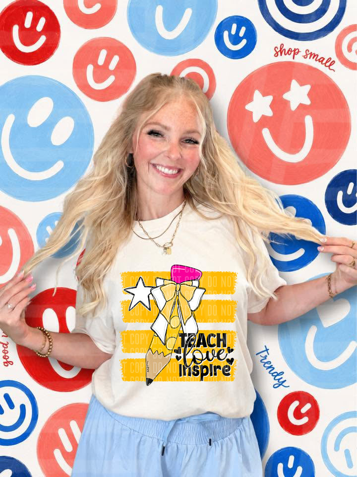 Teach Love Inspire Side Stripe Pencil Bow- Yellow