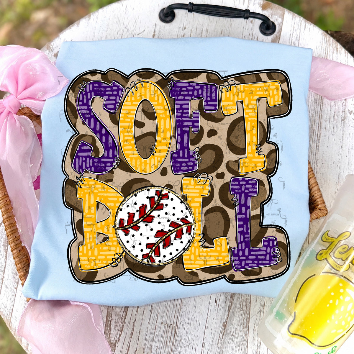 Softball Doodle Letters Polka Dot Cheetah Print-Purple/Gold