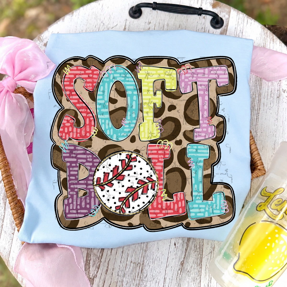 Softball Doodle Letters Polka Dot Cheetah Print-Colorful