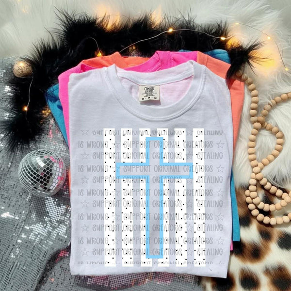 Blue cross on white polkadot stripes