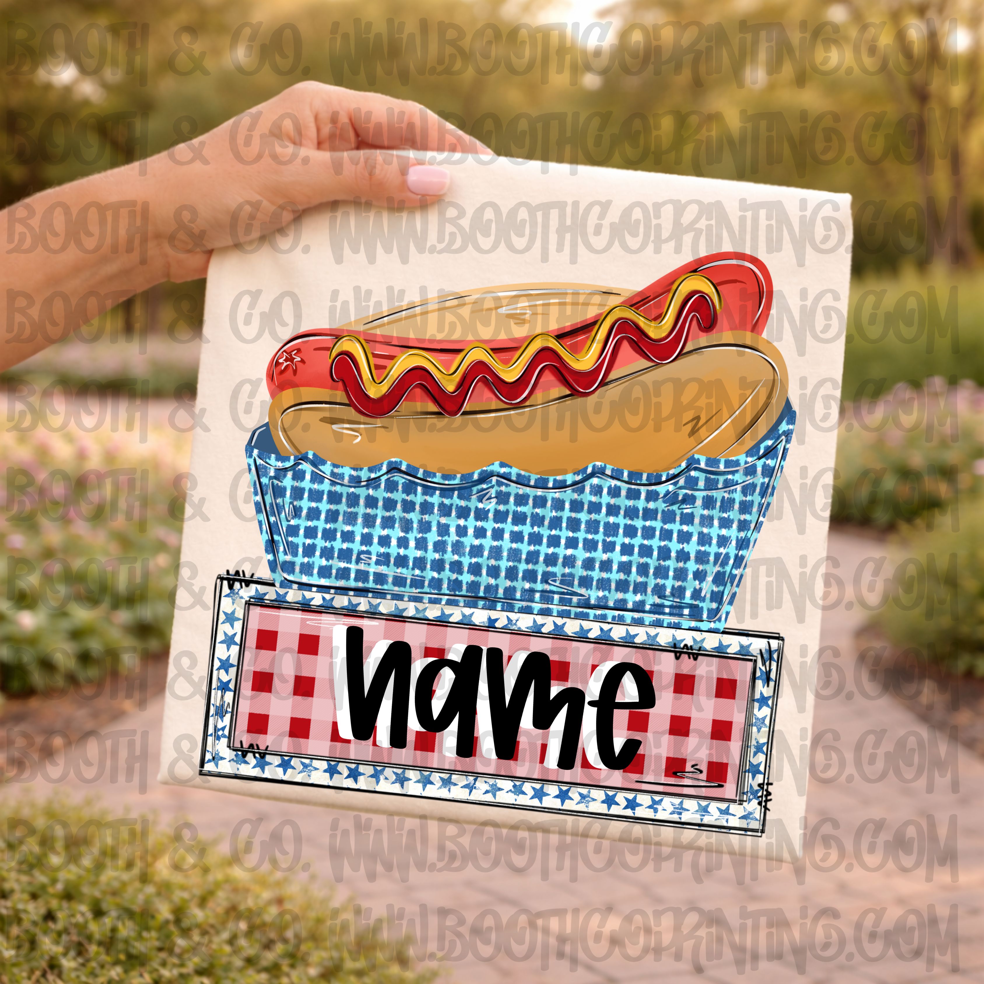 Hotdog in basket with name patch