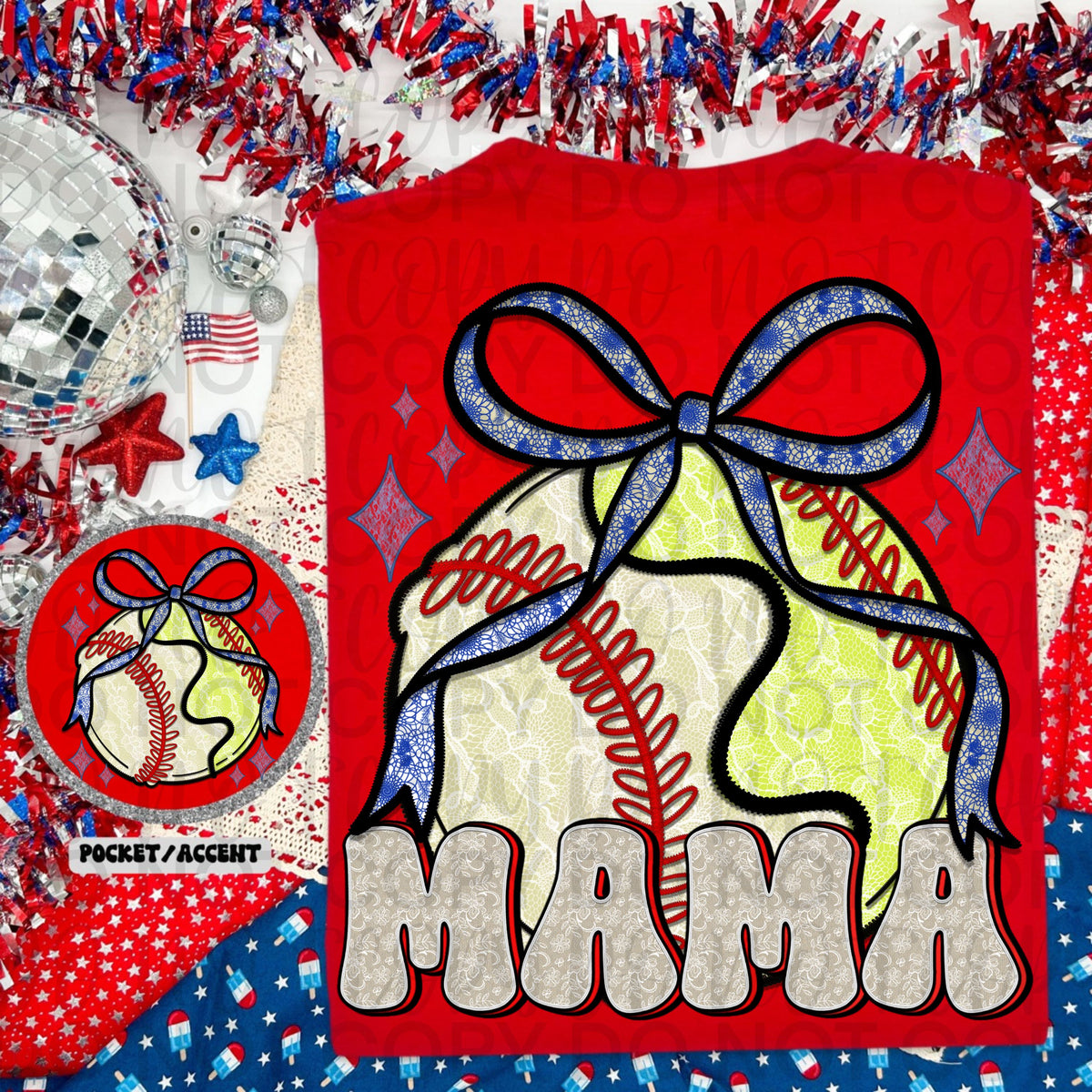 Baseball/Softball Mama Laced Ball/bow- Back Design