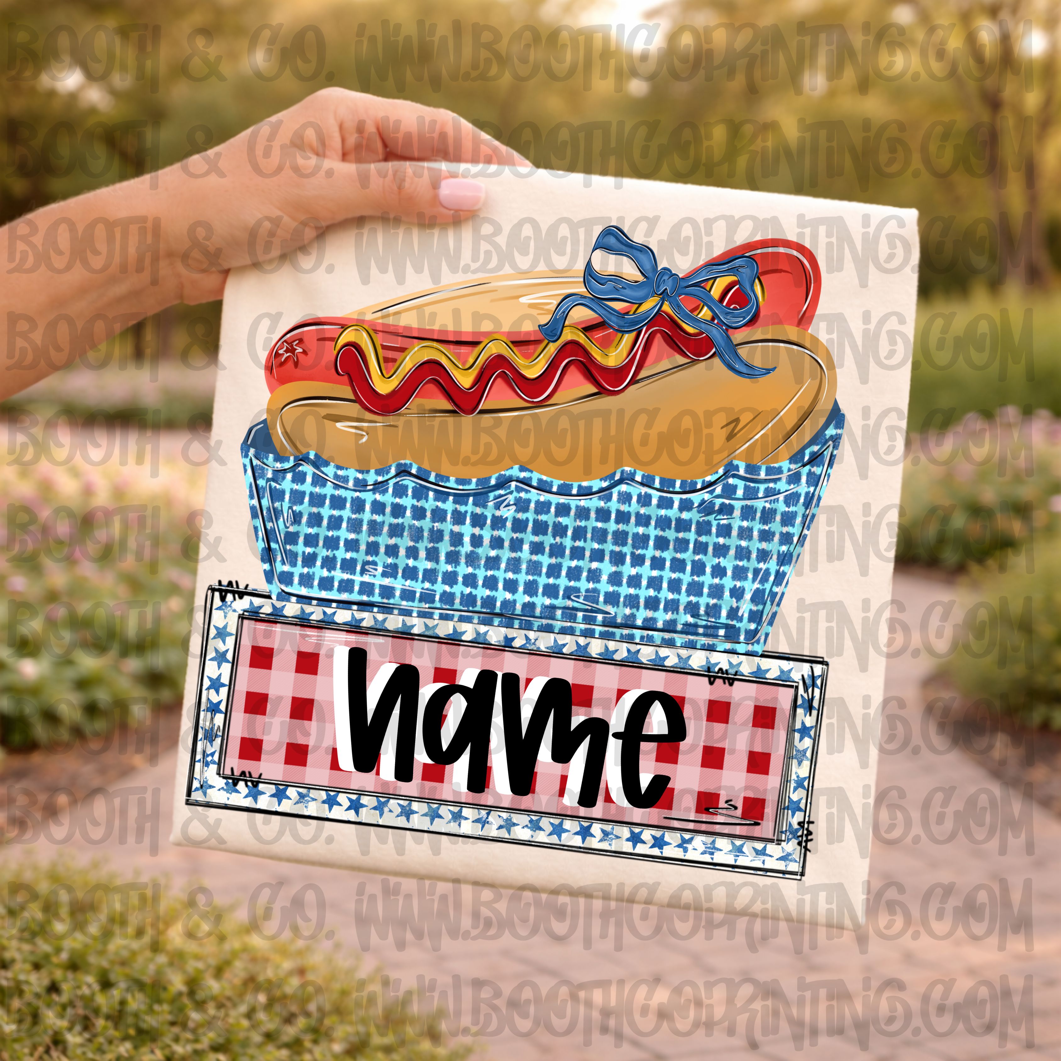 Hotdog in basket with Bow name patch