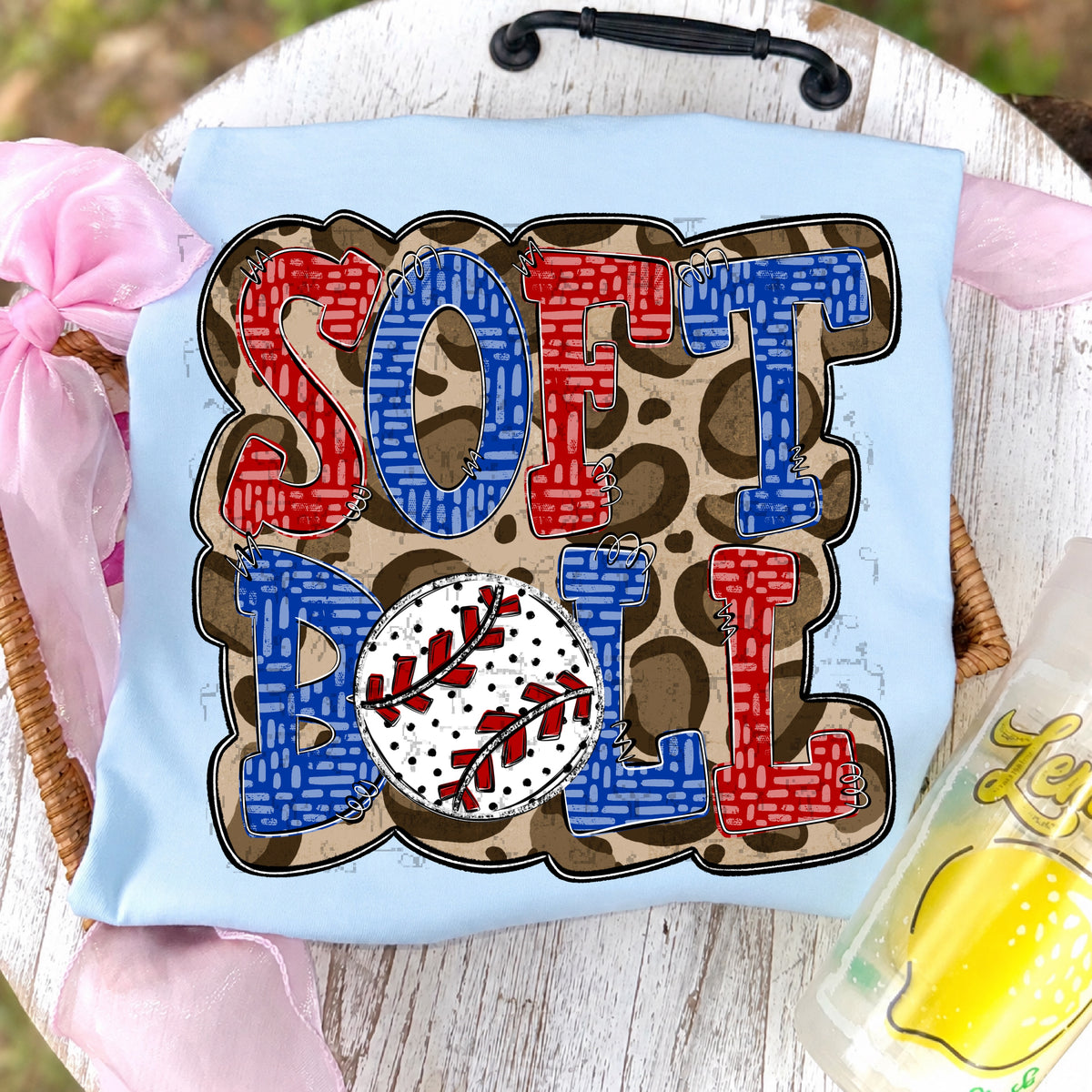 Softball Doodle Letters Polka Dot Cheetah Print-Red/Royal Blue