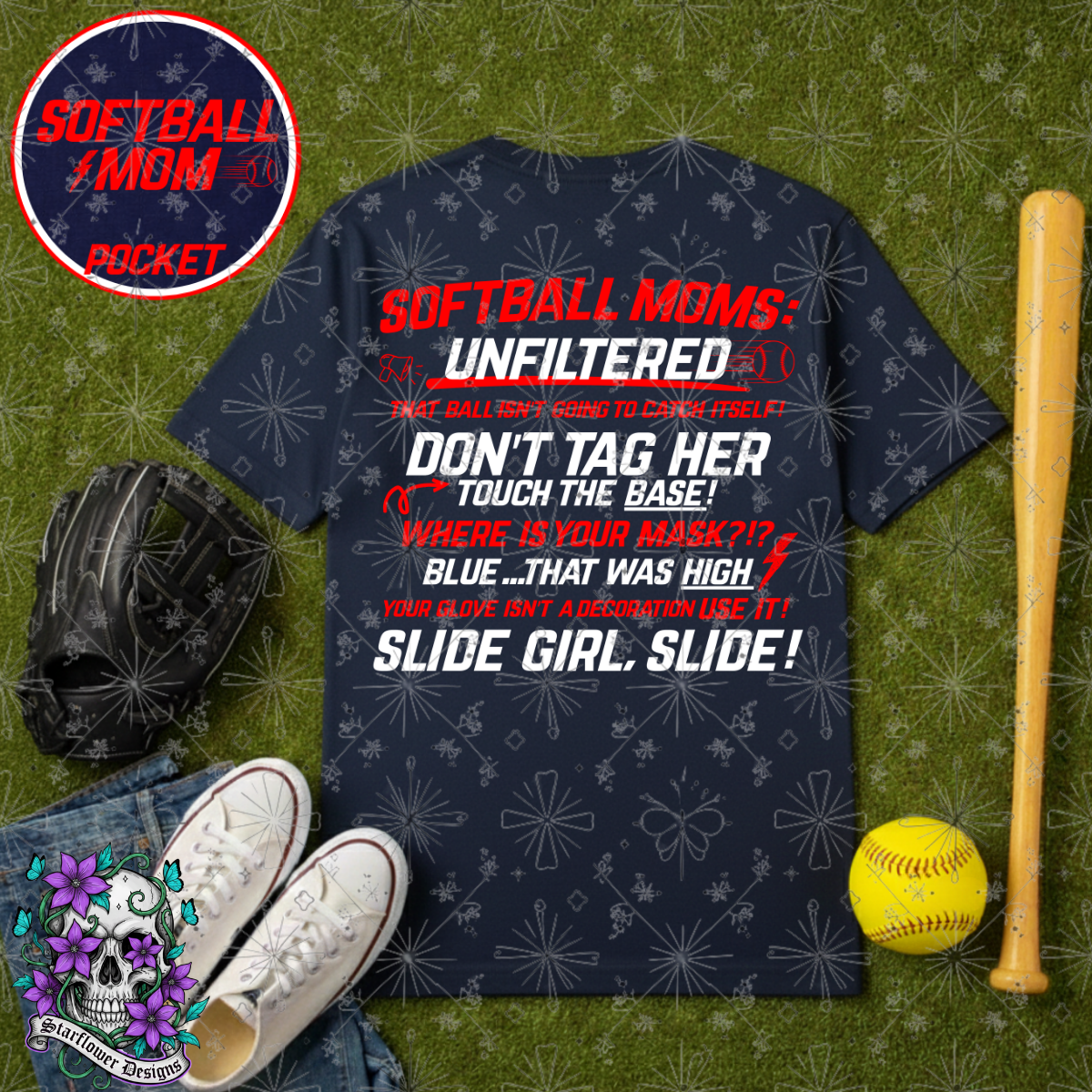 Softball Moms Unfiltered (red/white)- Back Design