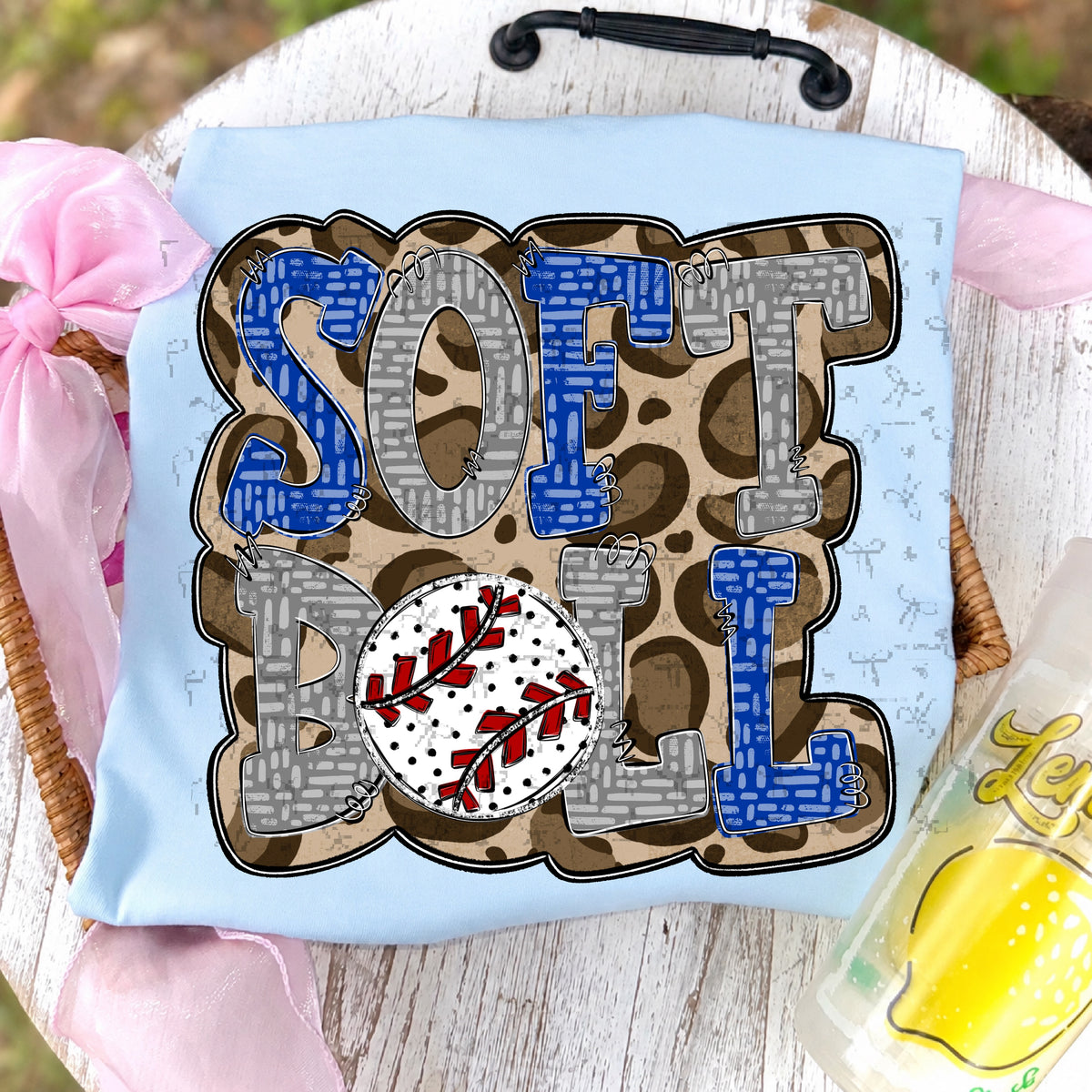 Softball Doodle Letters Polka Dot Cheetah Print-Royal Blue/Grey