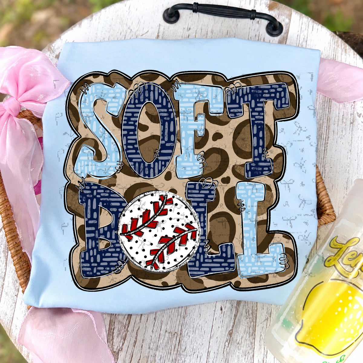 Softball Doodle Letters Polka Dot Cheetah Print-Carolina/Navy Blue