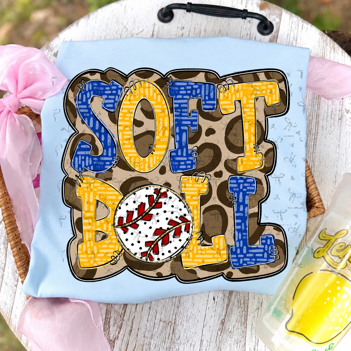 Softball Doodle Letters Polka Dot Cheetah Print-Royal Blue/Gold