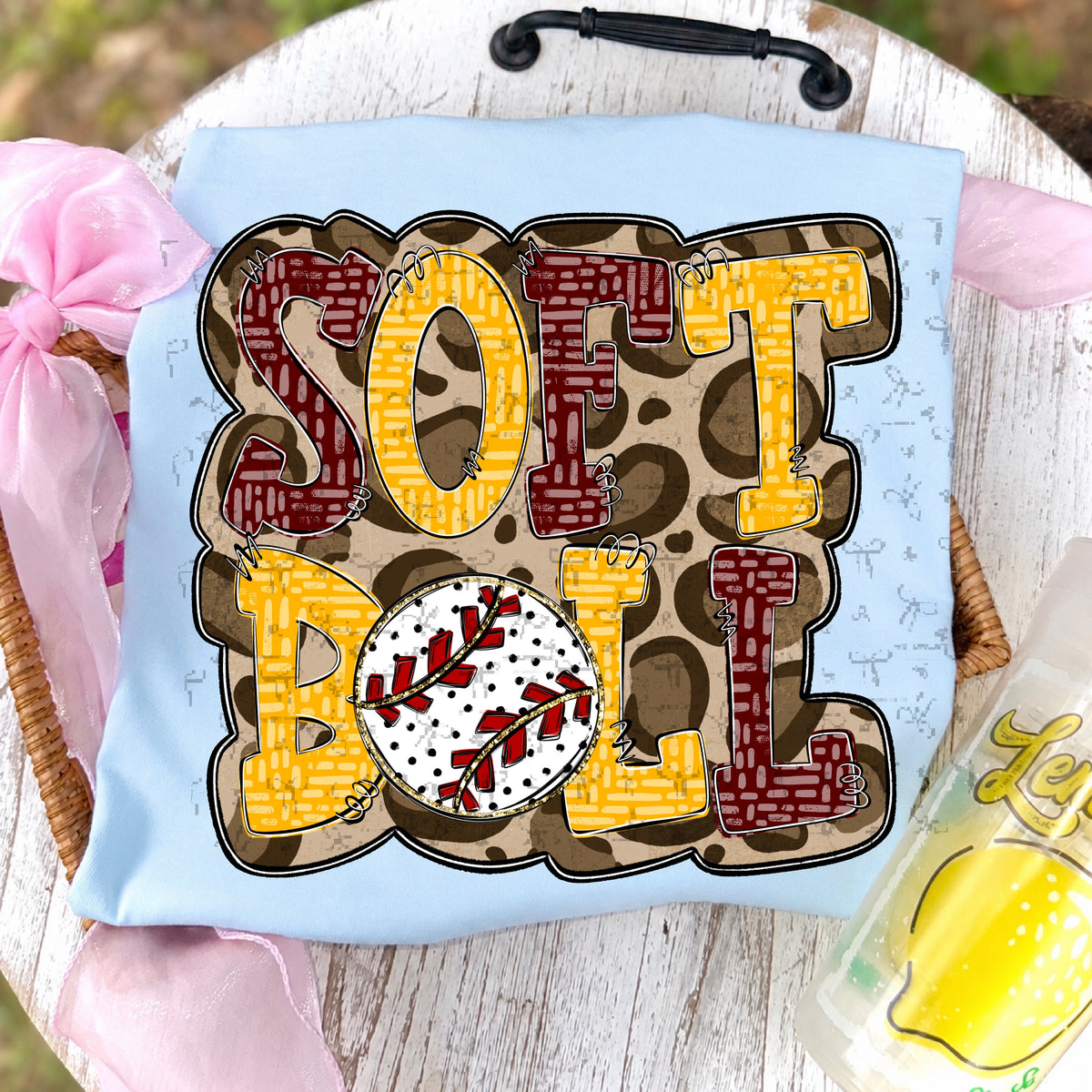 Softball Doodle Letters Polka Dot Cheetah Print-Maroon/Gold