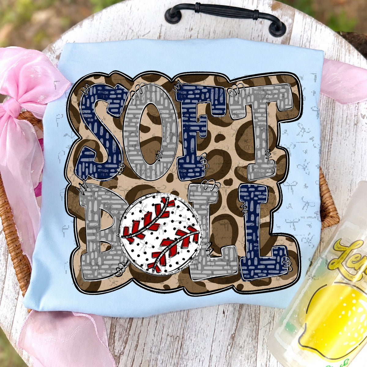 Softball Doodle Letters Polka Dot Cheetah Print-Navy Blue/Gray