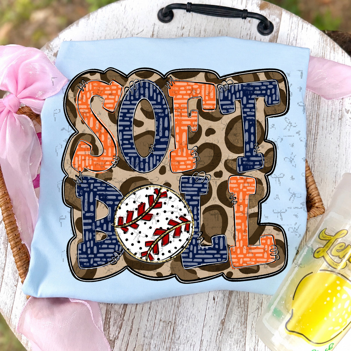 Softball Doodle Letters Polka Dot Cheetah Print-Navy Blue/Orange