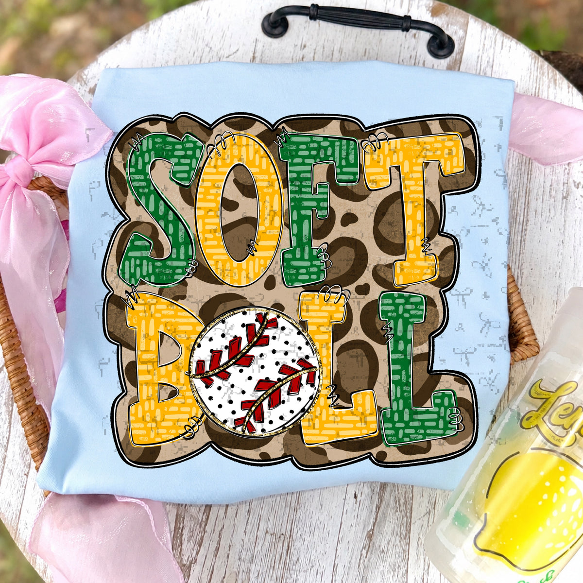Softball Doodle Letters Polka Dot Cheetah Print-Irish Green/Gold