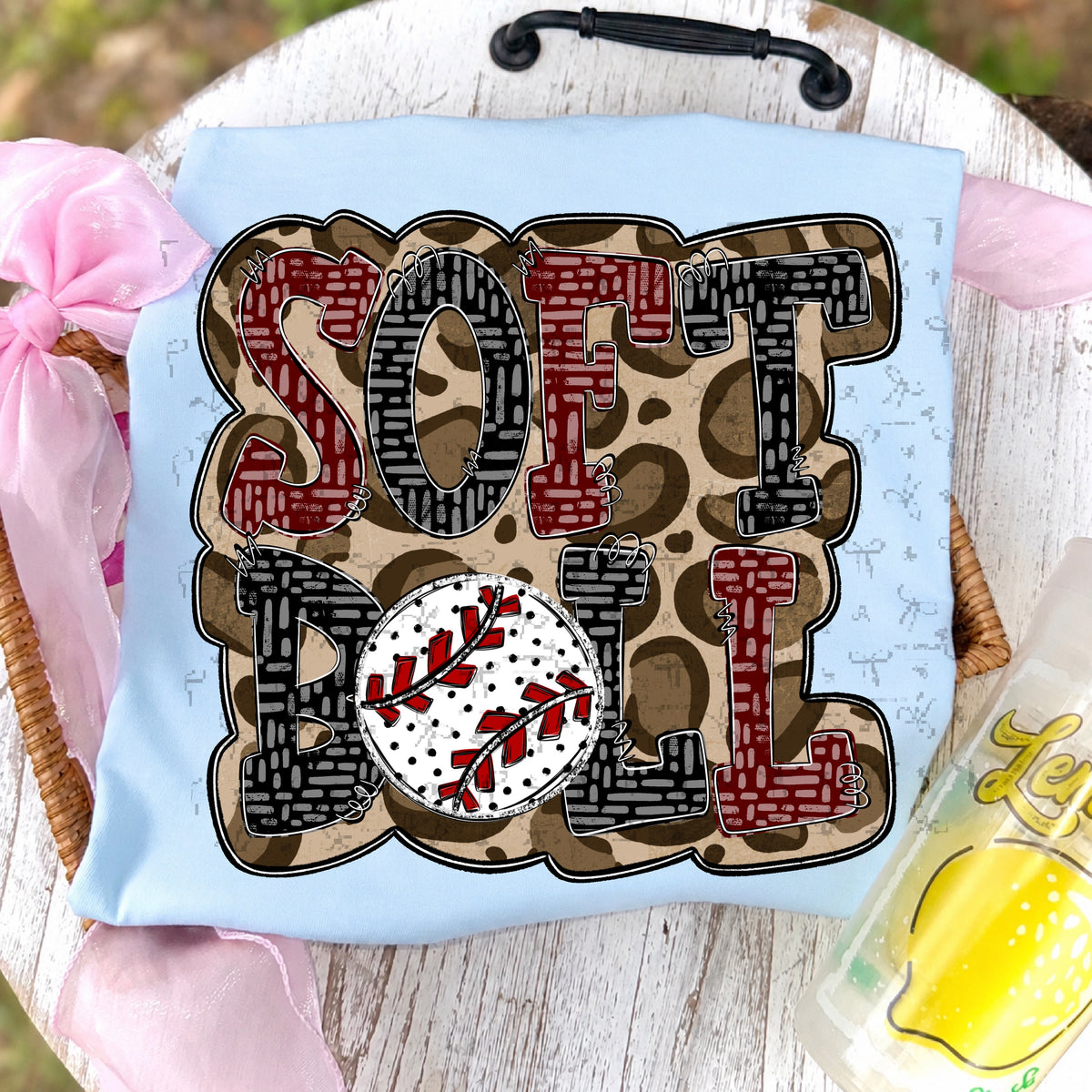 Softball Doodle Letters Polka Dot Cheetah Print-Maroon/Black