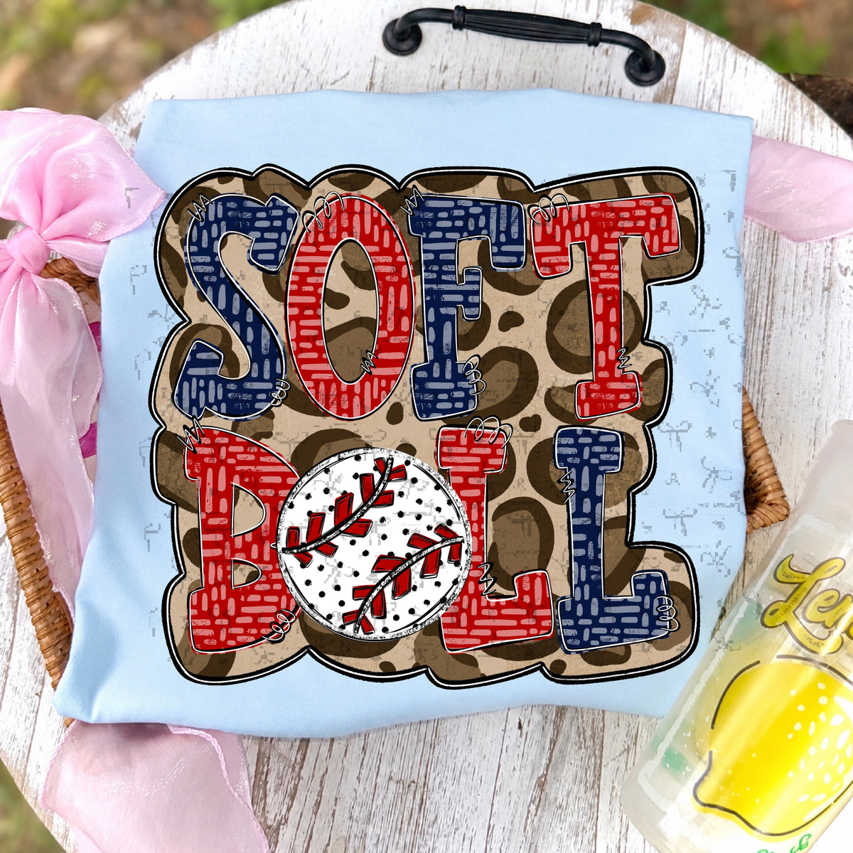 Softball Doodle Letters Polka Dot Cheetah Print-Navy Blue/Red