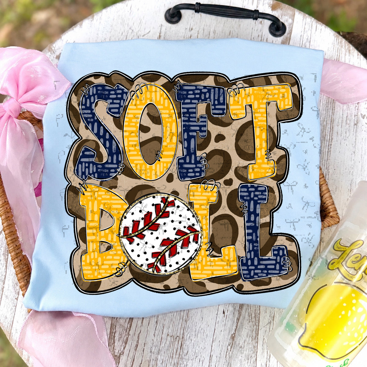 Softball Doodle Letters Polka Dot Cheetah Print-Navy Blue/Gold