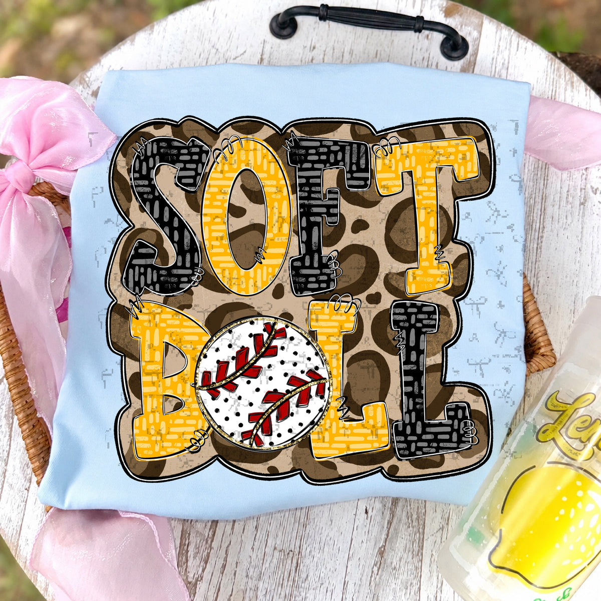 Softball Doodle Letters Polka Dot Cheetah Print-Black/Gold