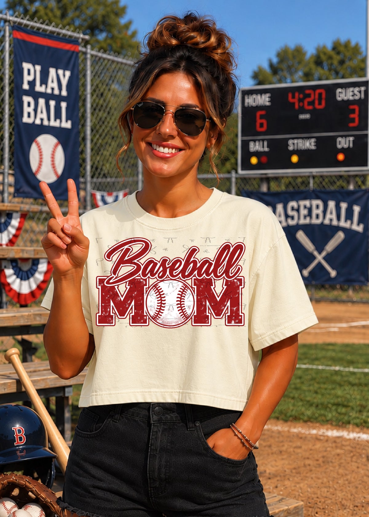 Baseball Mom (with white)- Crimson