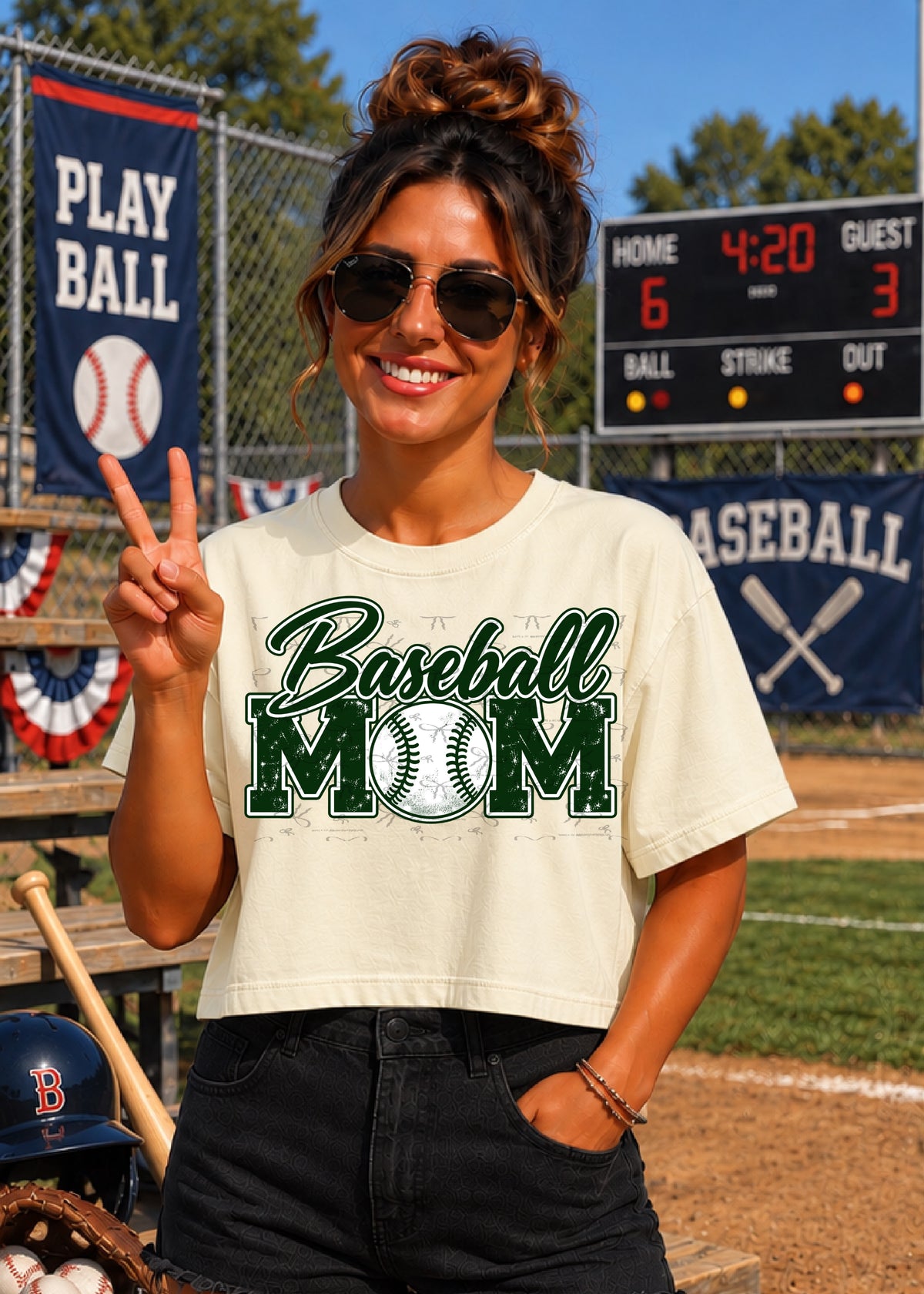 Baseball Mom (with white)- Dark Green