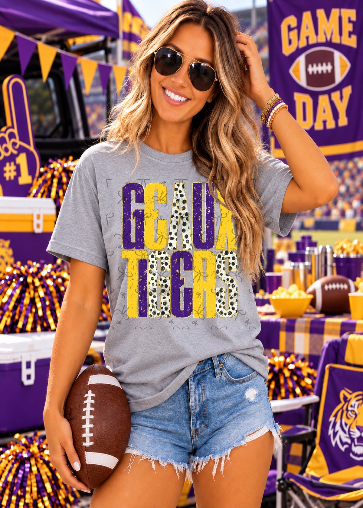 Geaux Tigers Distressed Metallic Dotty - Purple/Gold