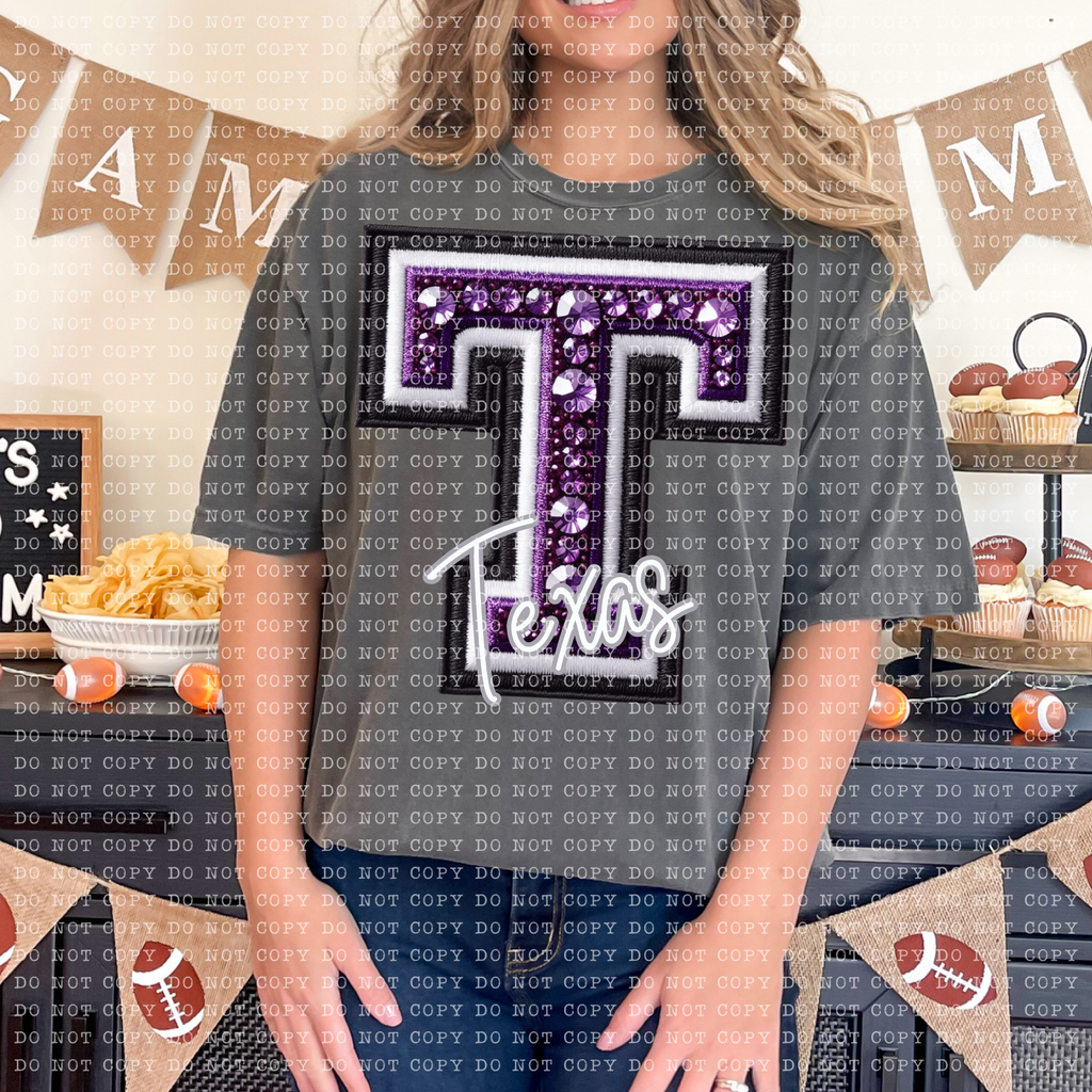 Bejeweled Letterman- Texas (purple)