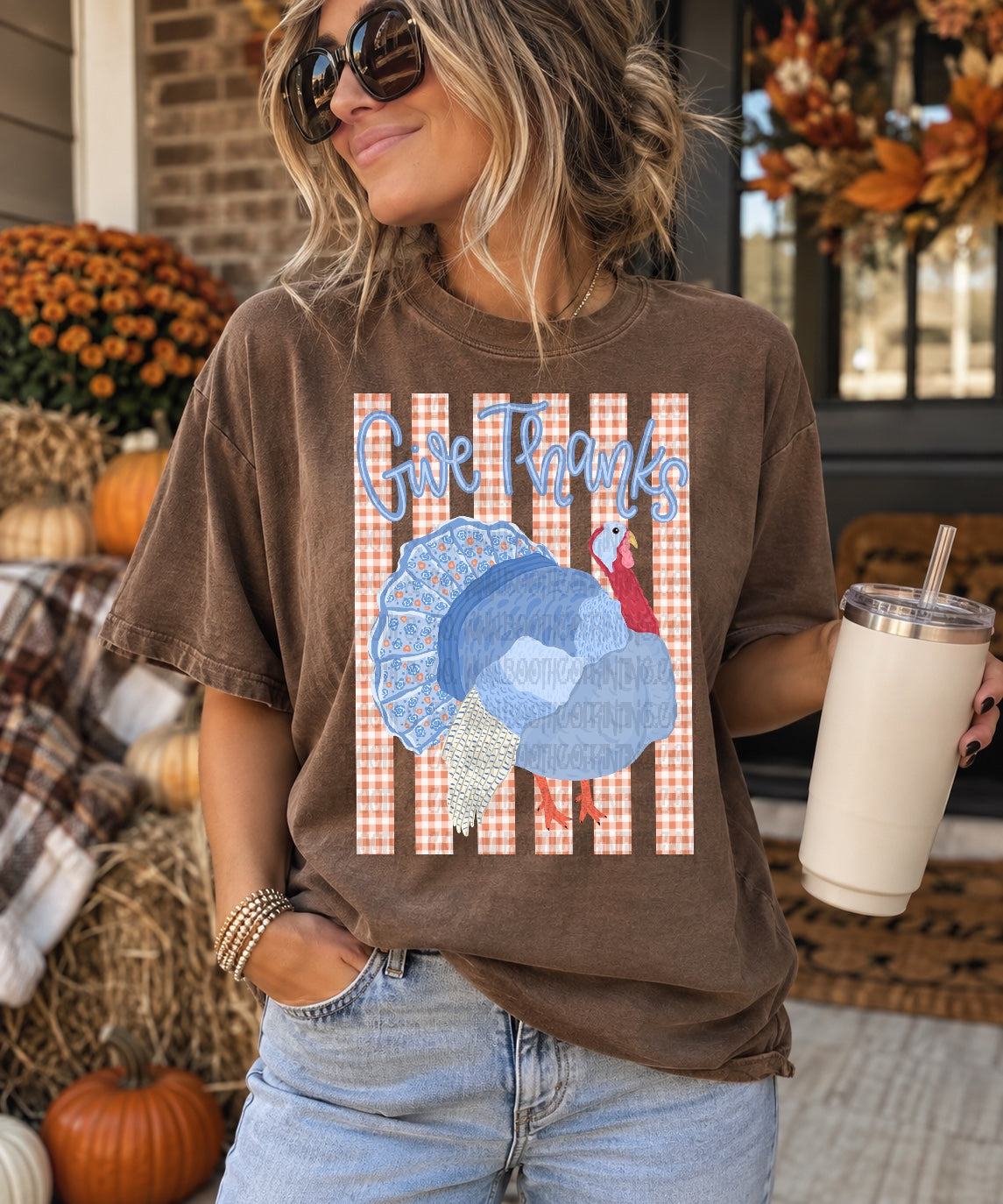 Give Thanks Turkey Gingham Stripes